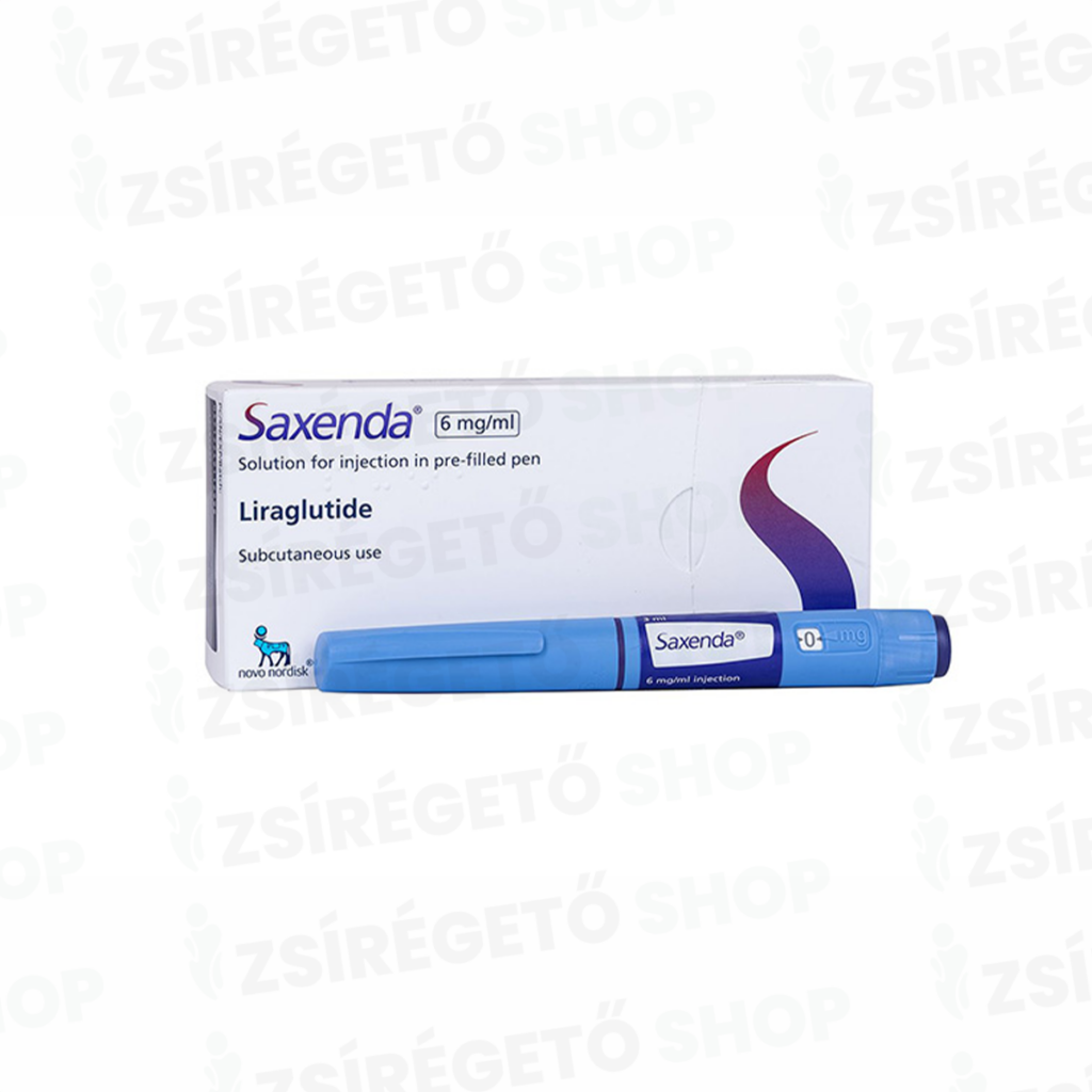 Saxenda 6 mg előretöltött injekciós toll dobozos kiszerelésben, liraglutide hatóanyaggal és Novo Nordisk csomagolással.