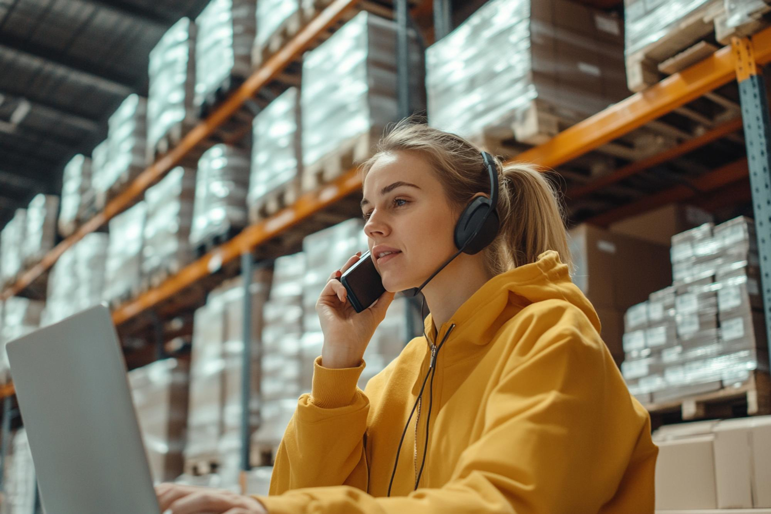 Ügyfélszolgálat témájú kép, amelyen egy munkatárs raktári környezetben telefonon egyeztet és rendelési segítséget nyújt.